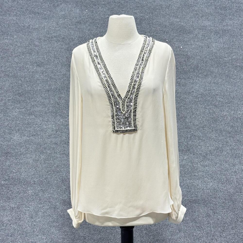 Haute Hippie Blouse Womens Medium White Silk Beaded V Neck Long Sleeve Tunic Top
